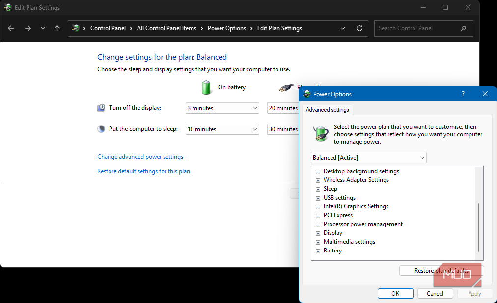 Windows Control Panel power settings