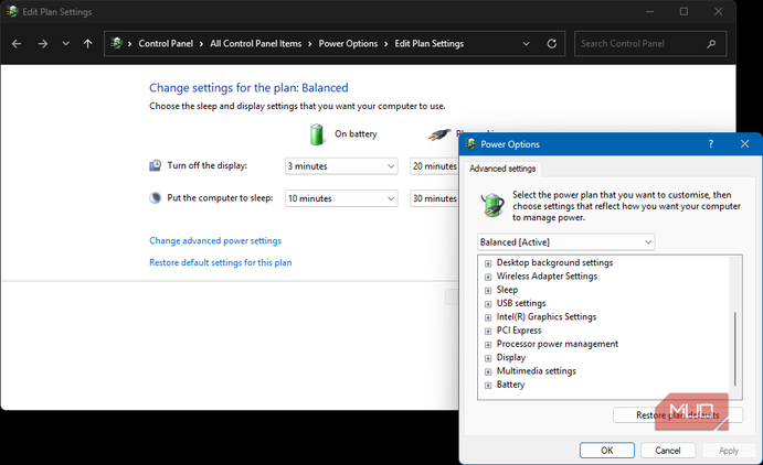 Windows Control Panel power settings