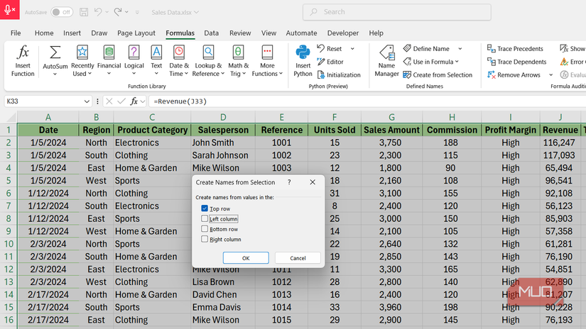 Create names from selection dialog box in Excel.