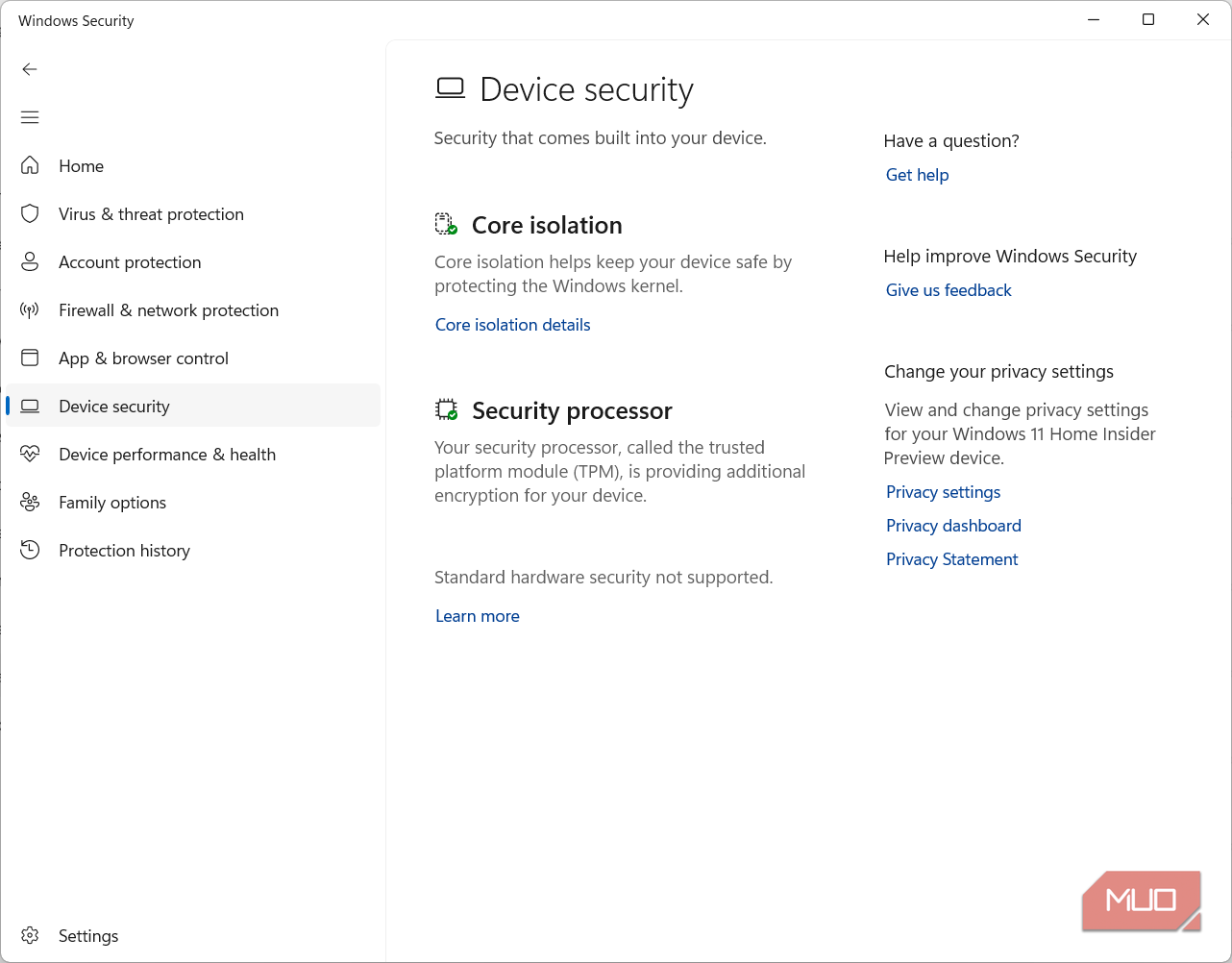 Device security in Windows security pane