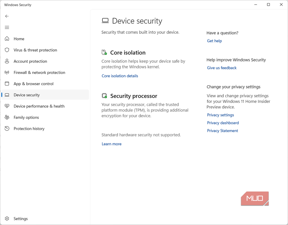 Device security in Windows security pane