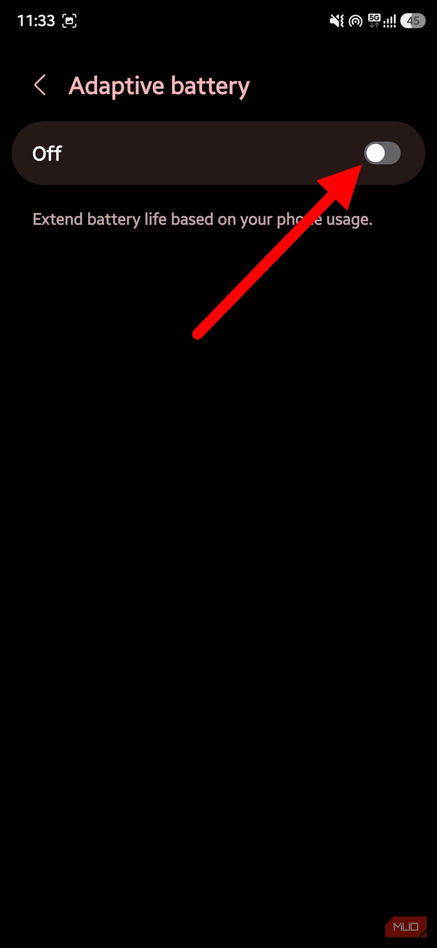 Samsung Galaxy Adaptive battery settings with the feature turned off