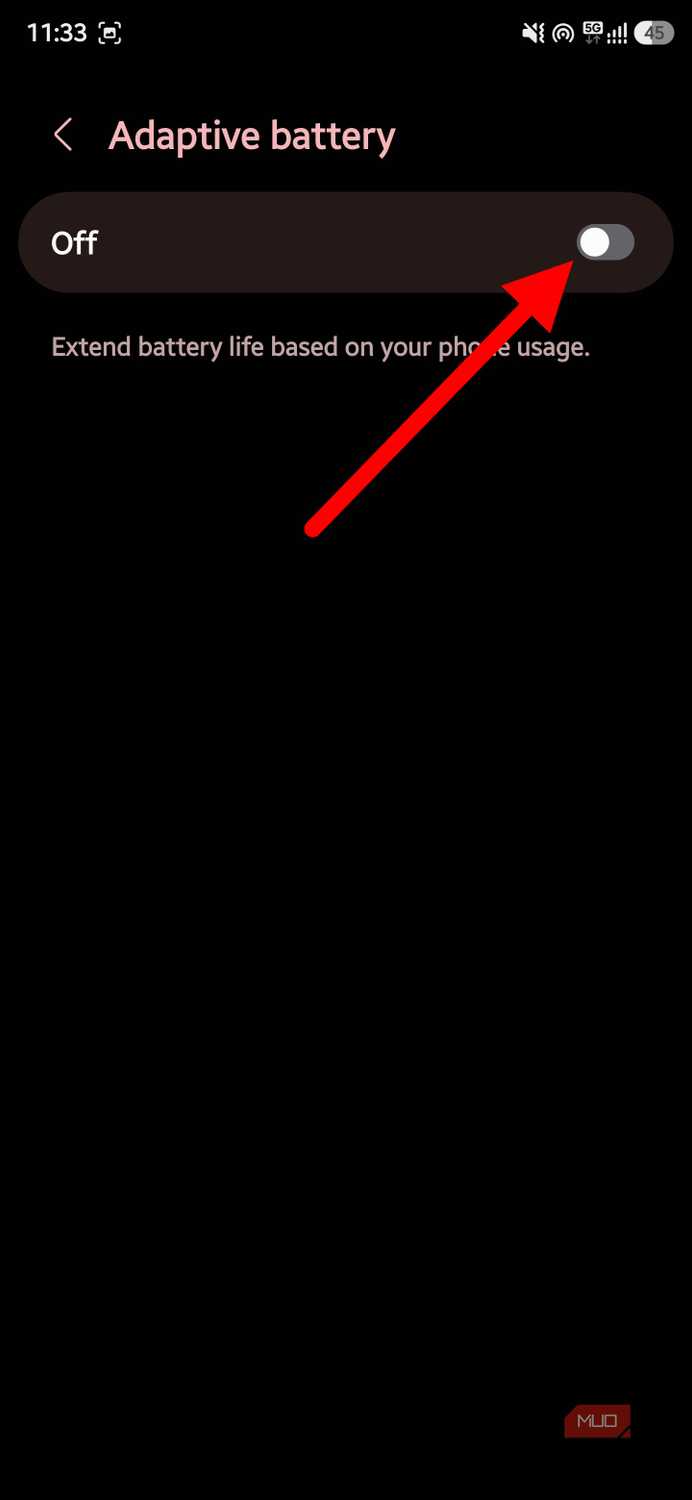 Samsung Galaxy Adaptive battery settings with the feature turned off