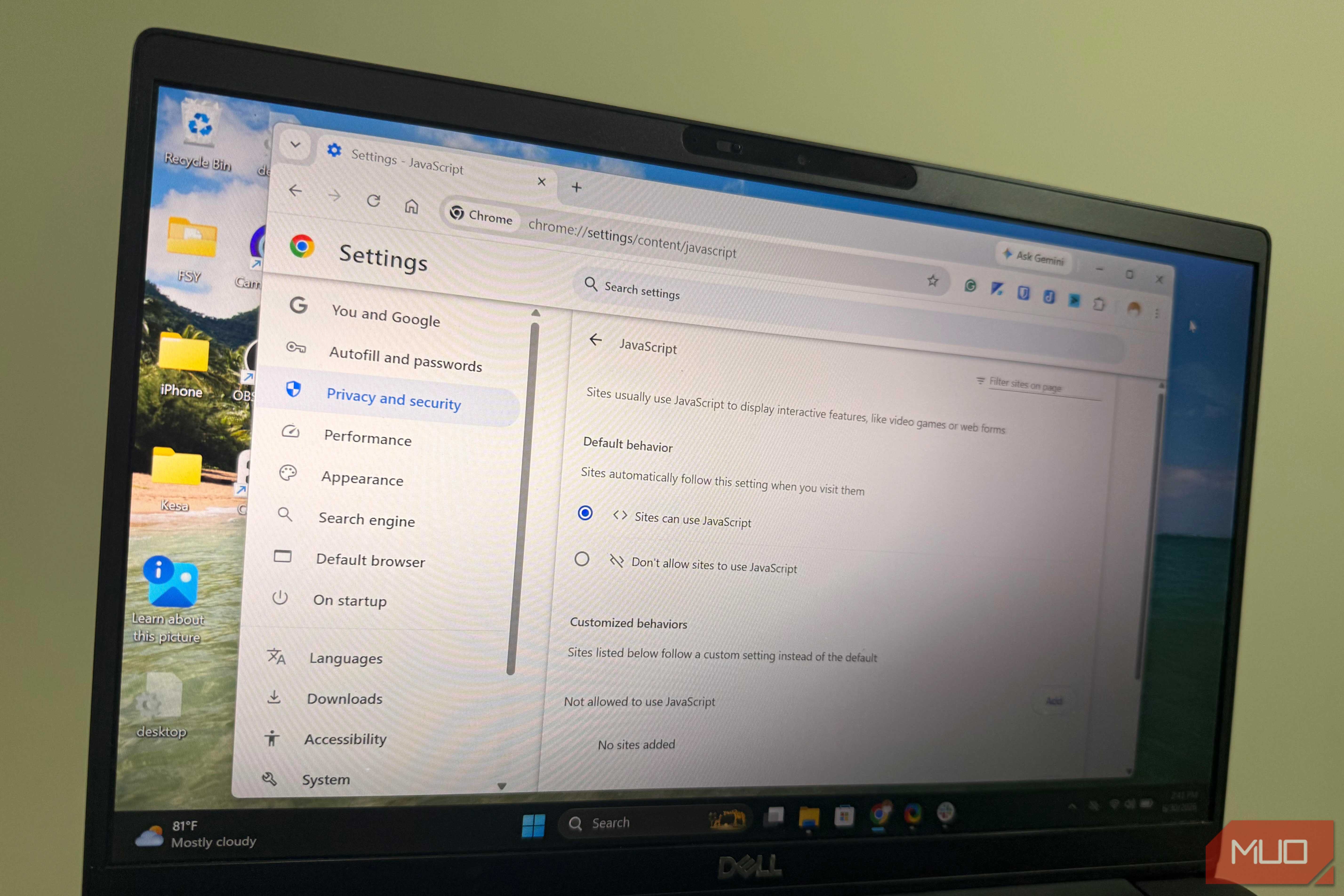 Disabling JavaScript in Chrome browser
