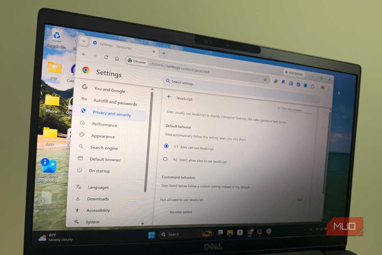 Disabling JavaScript in Chrome browser