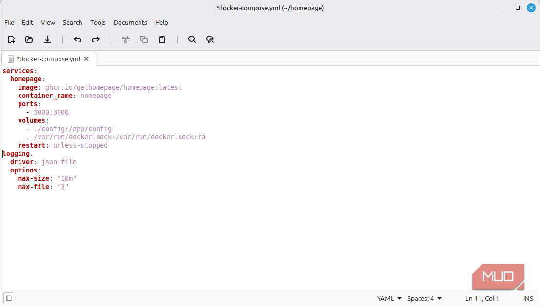 Docker Compose file configured with log rotation settings