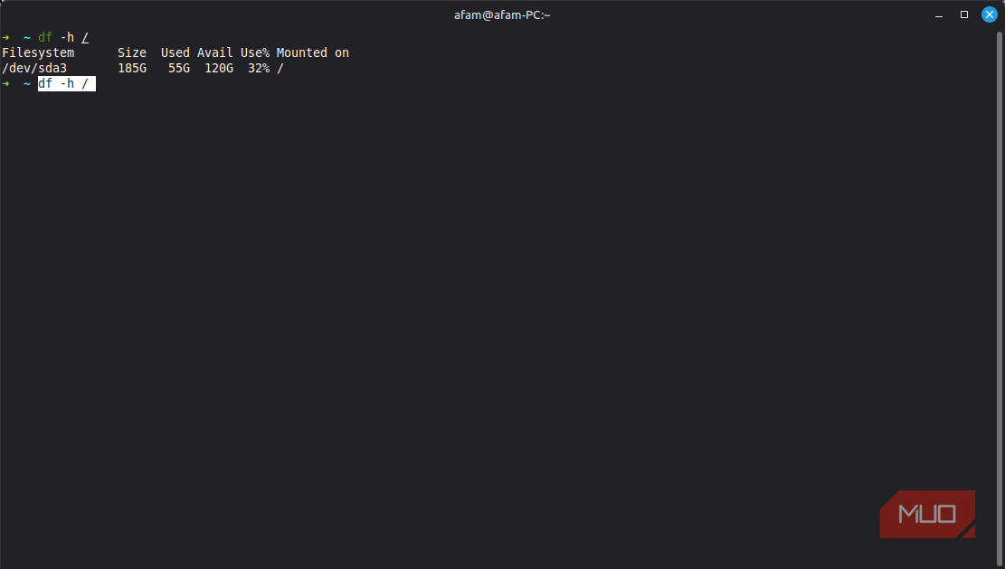 Linux disk usage output showing available storage space