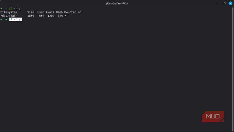 Linux disk usage output showing available storage space