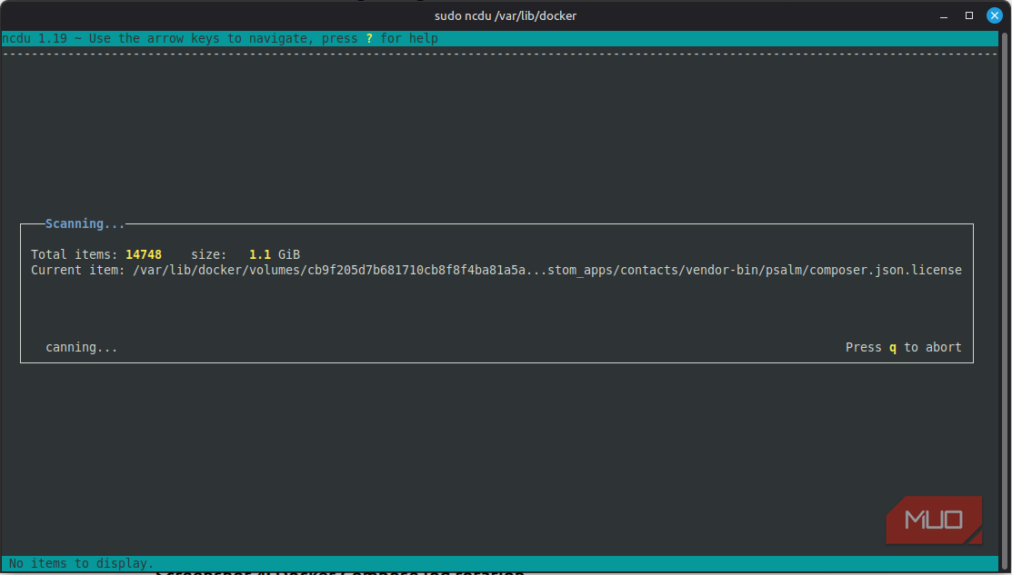Ncdu displaying Docker storage usage by directory