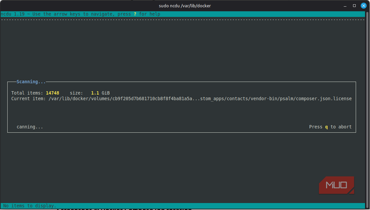 Ncdu displaying Docker storage usage by directory