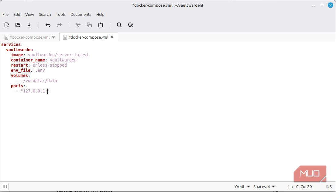 Docker Compose file configured with log rotation settings for vaultwarden