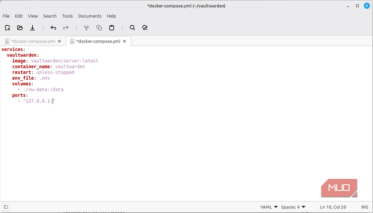 Docker Compose file configured with log rotation settings for vaultwarden