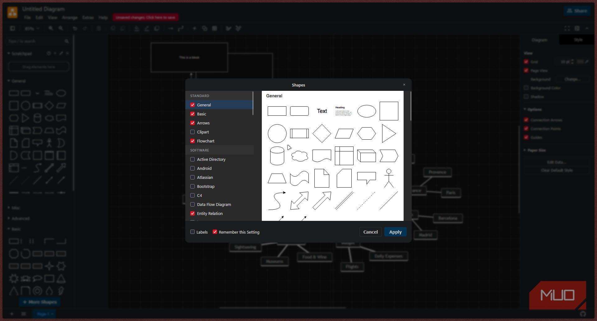 Draw.io shapes menu.