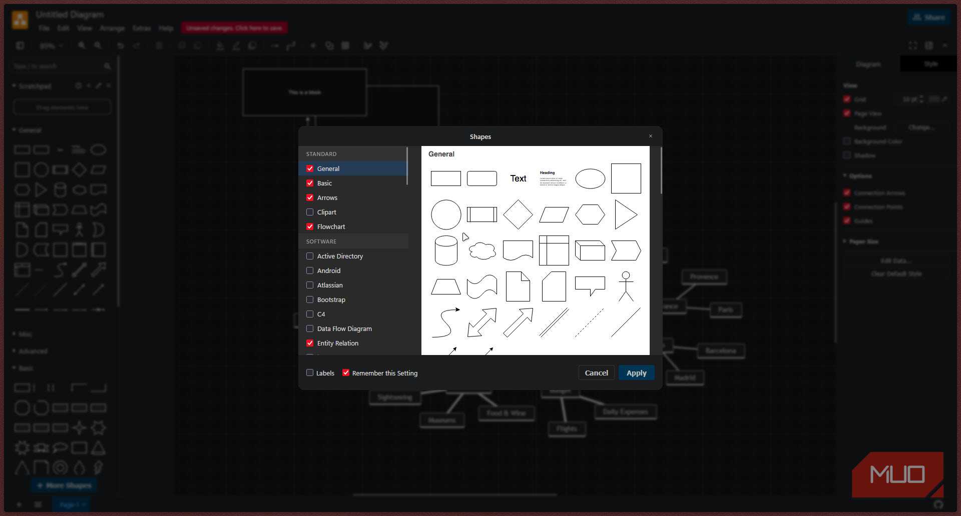 Draw.io shapes menu.