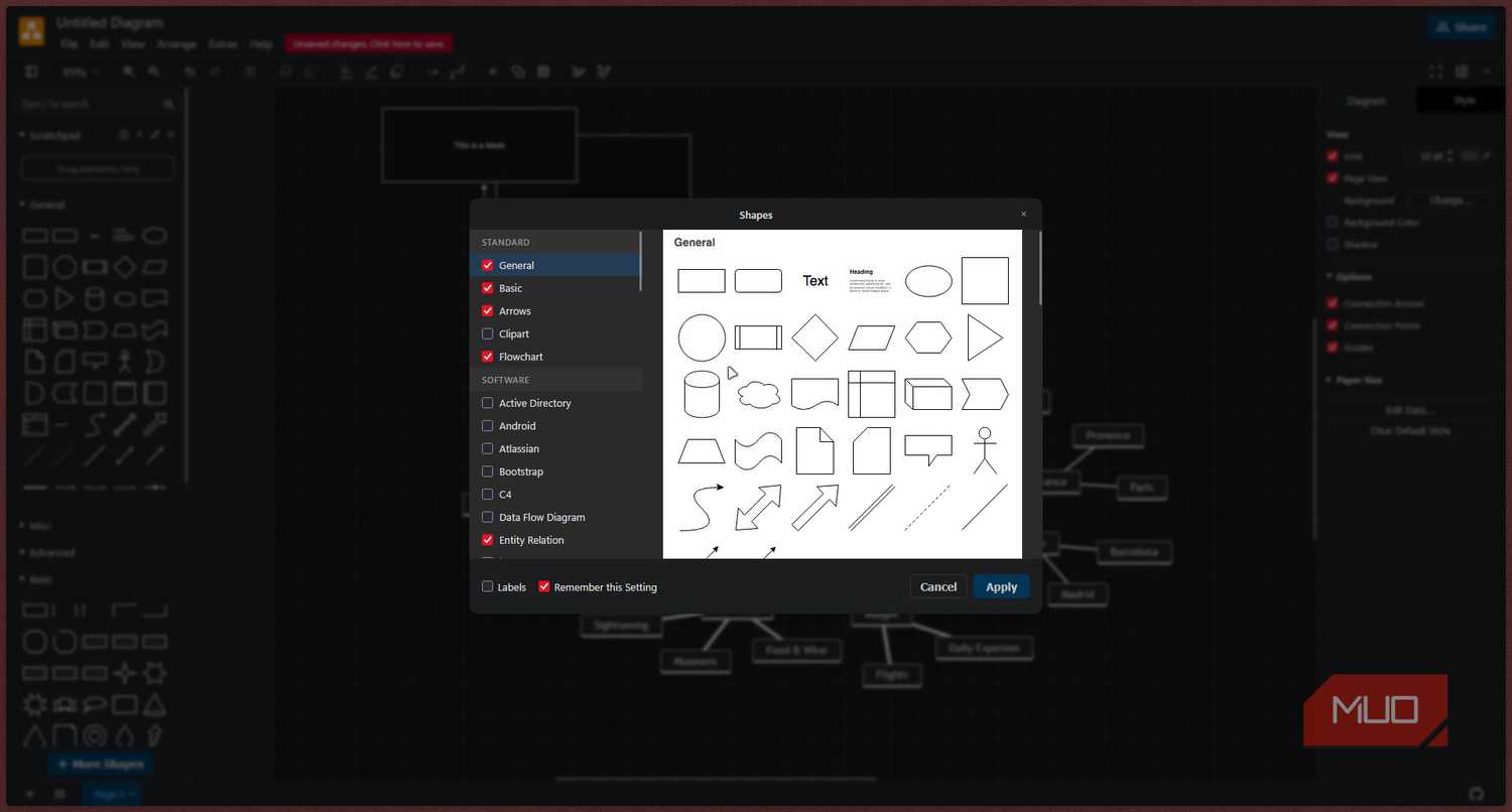 Draw.io shapes menu.