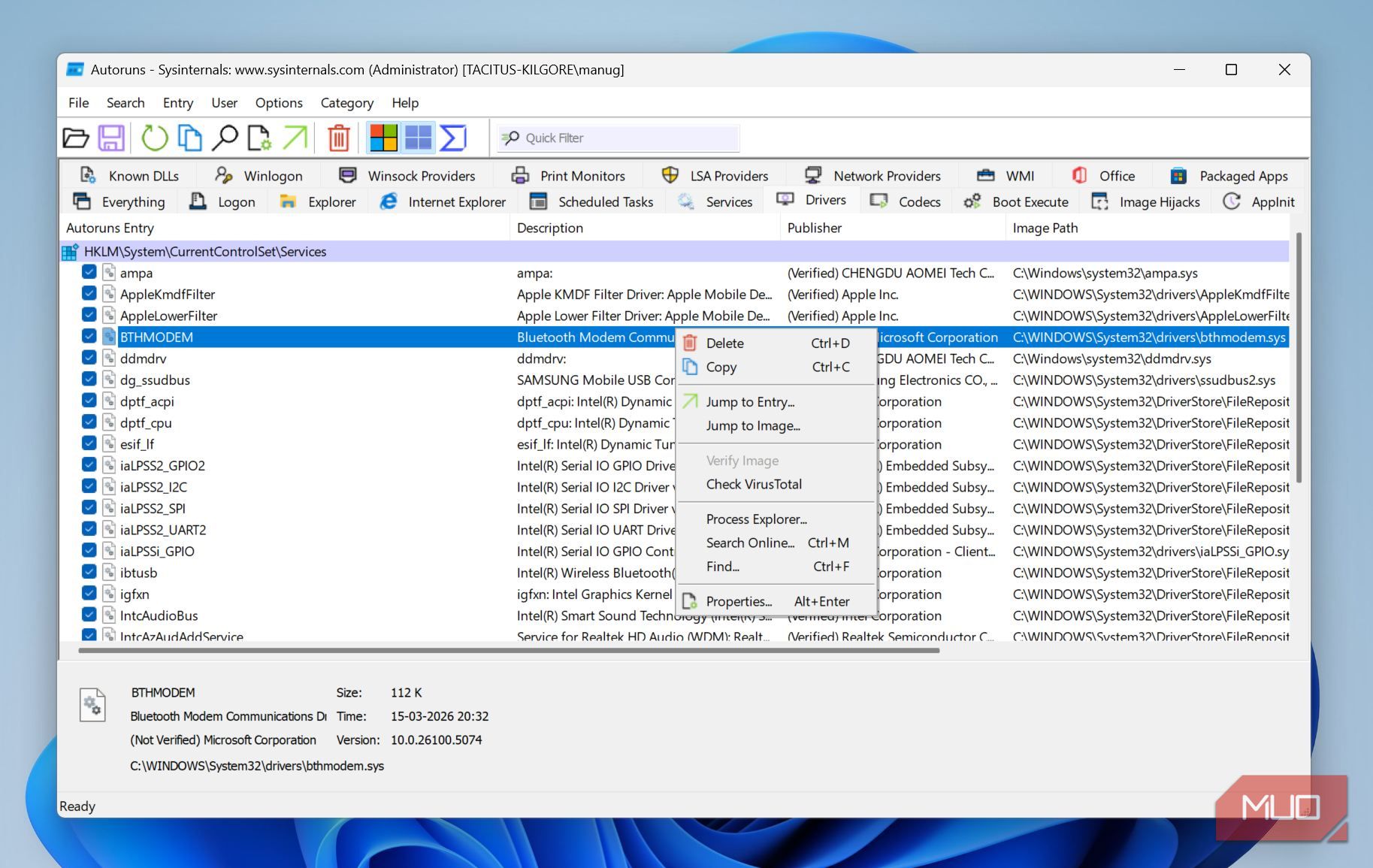Driver context menu in Autoruns