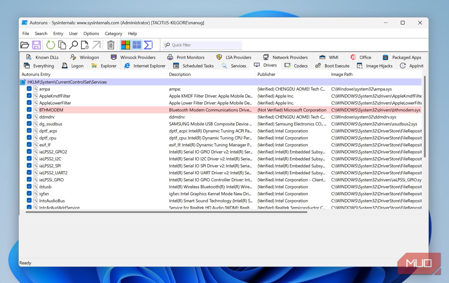 Drivers tab in the Autoruns utility