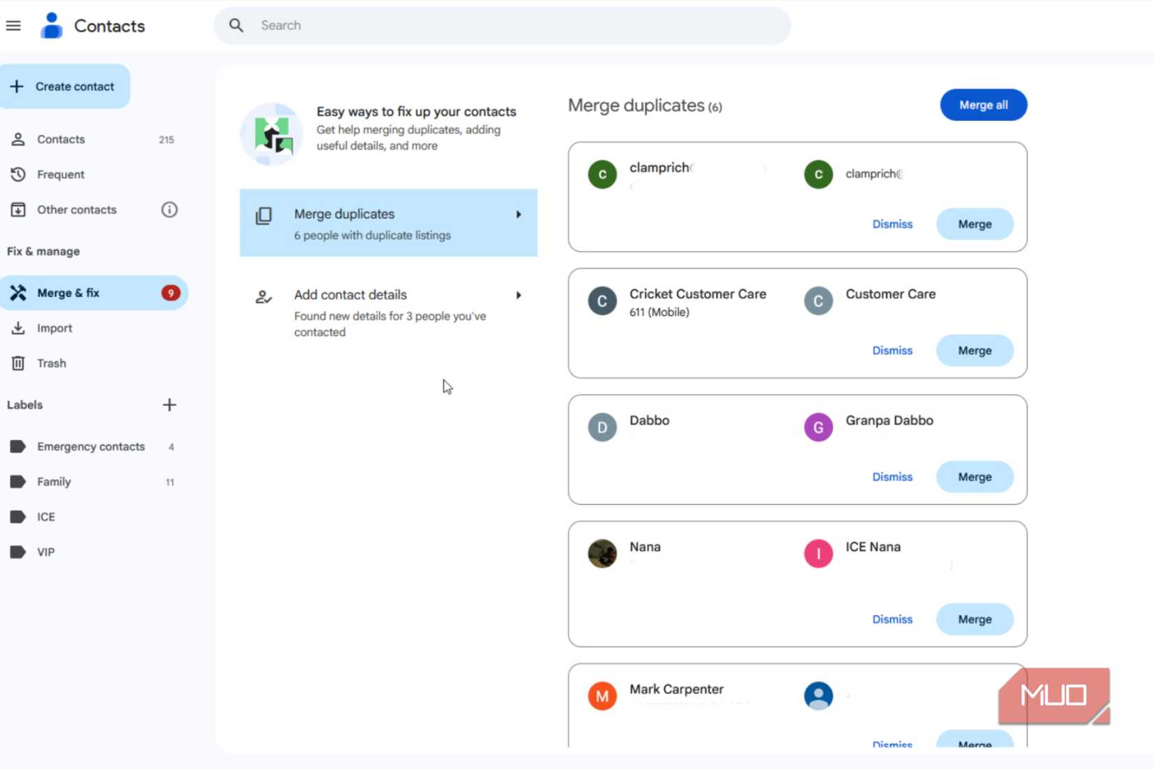 Google コンタクトでの重複
