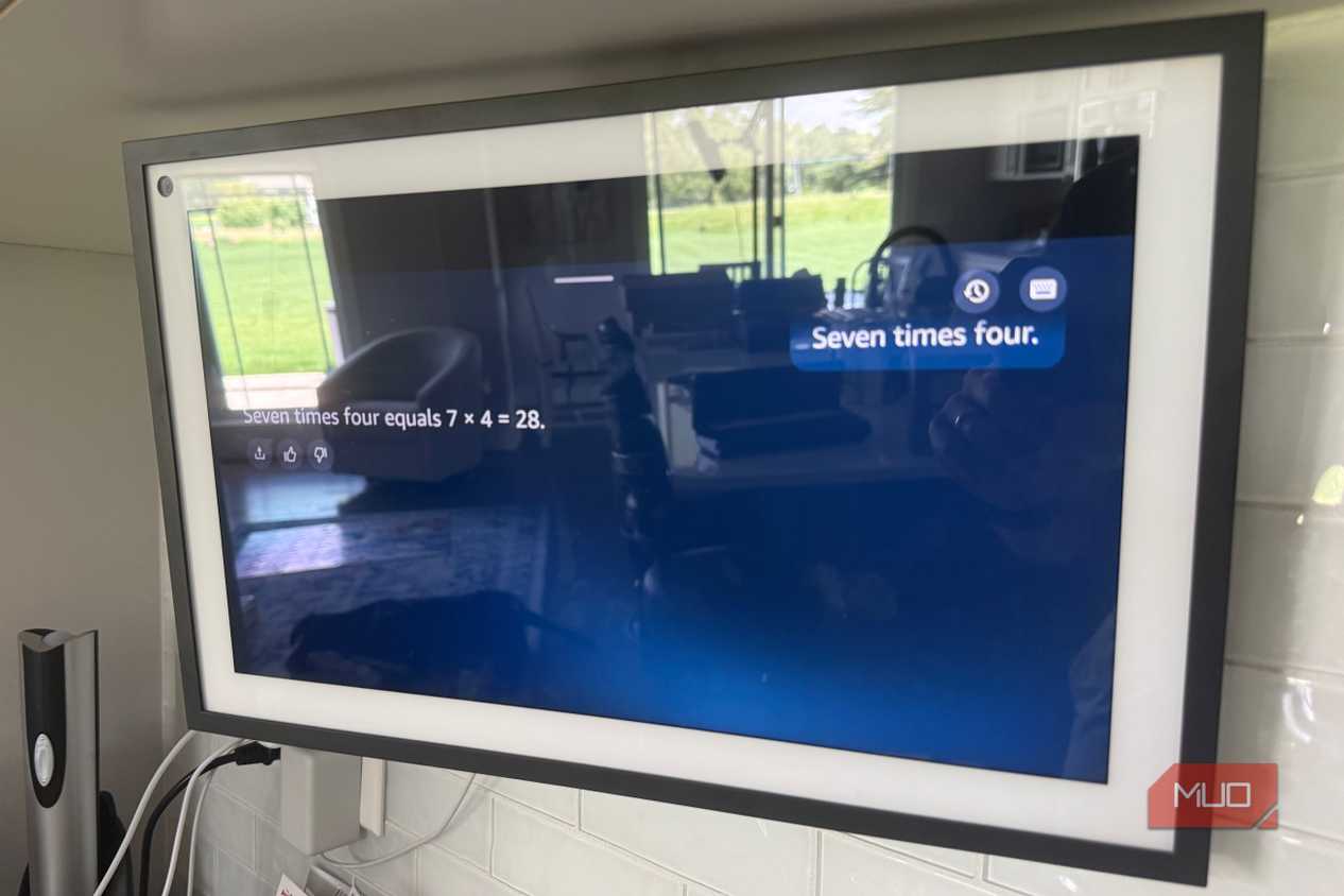 Echo Show 15 answering seven times four math question