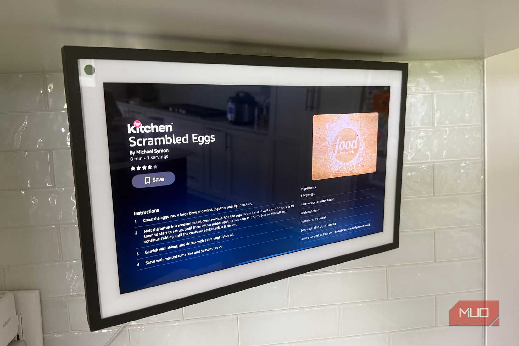 Echo Show 15 showing Food Network scrambled eggs recipe