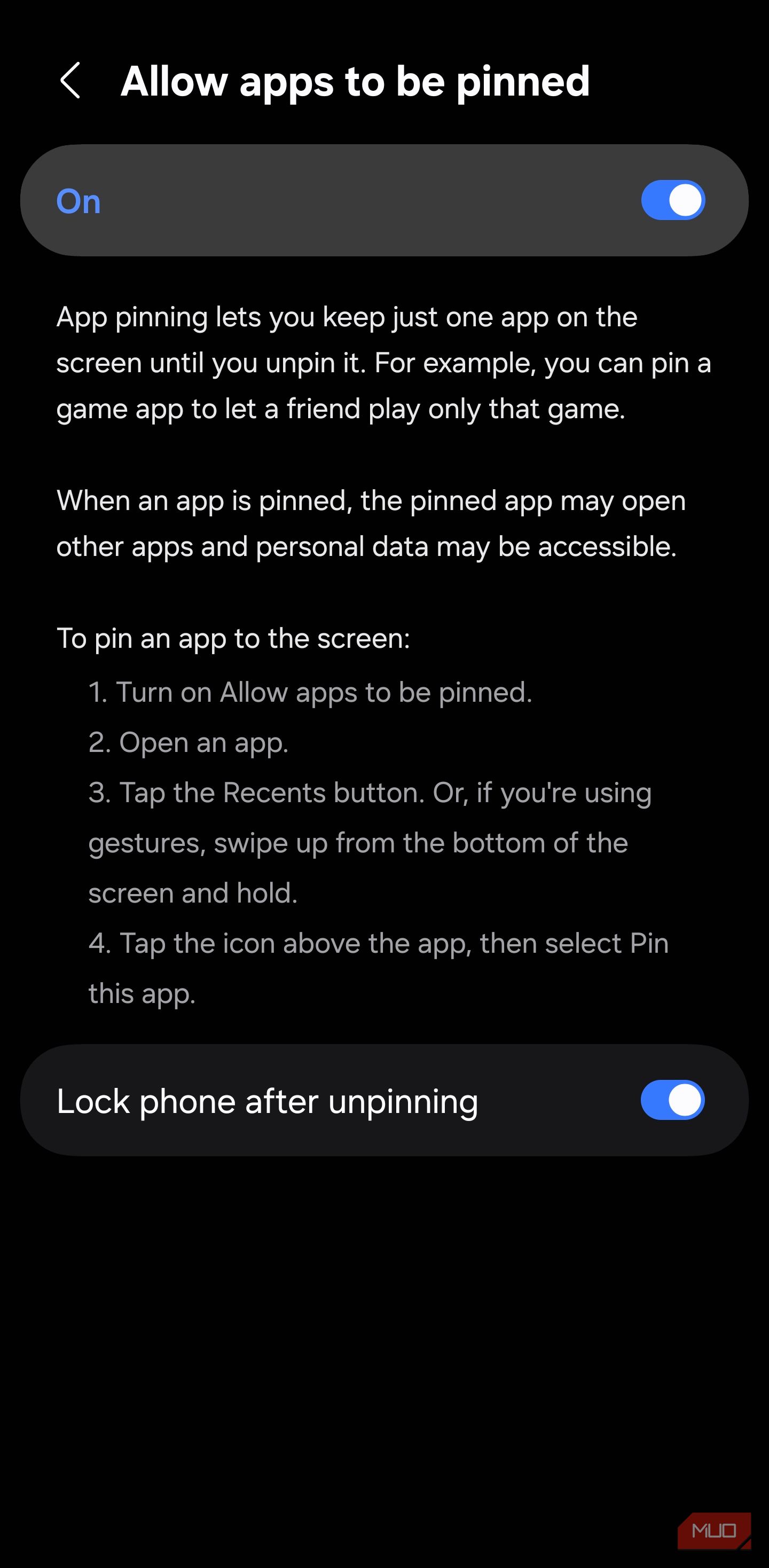 Enabling App Pinning on a Samsung Galaxy phone