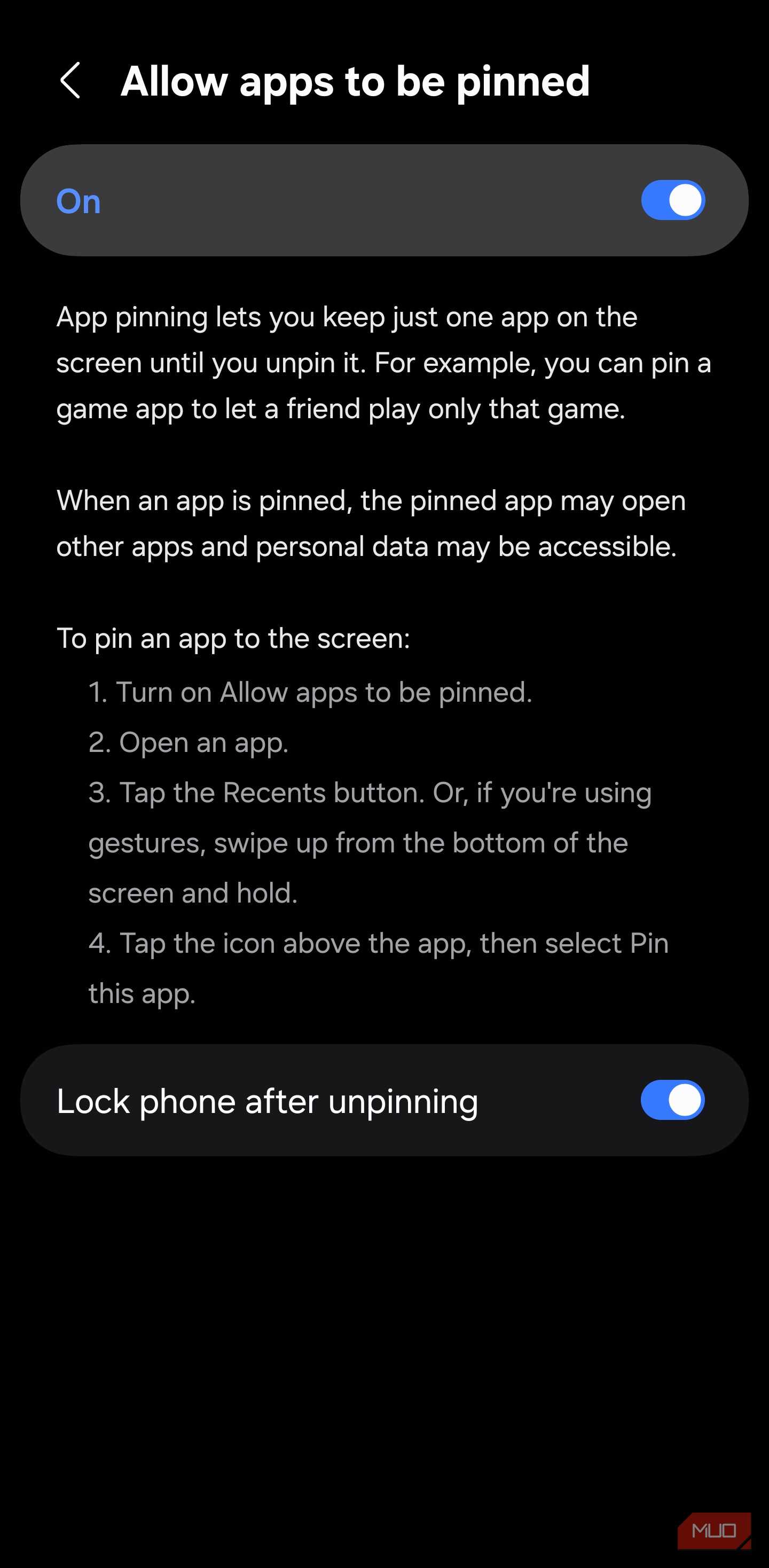 Enabling App Pinning on a Samsung Galaxy phone