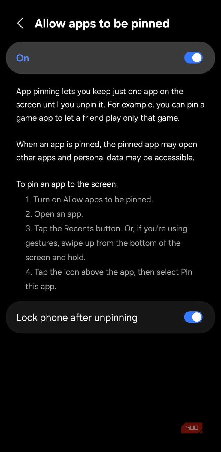 Enabling App Pinning on a Samsung Galaxy phone