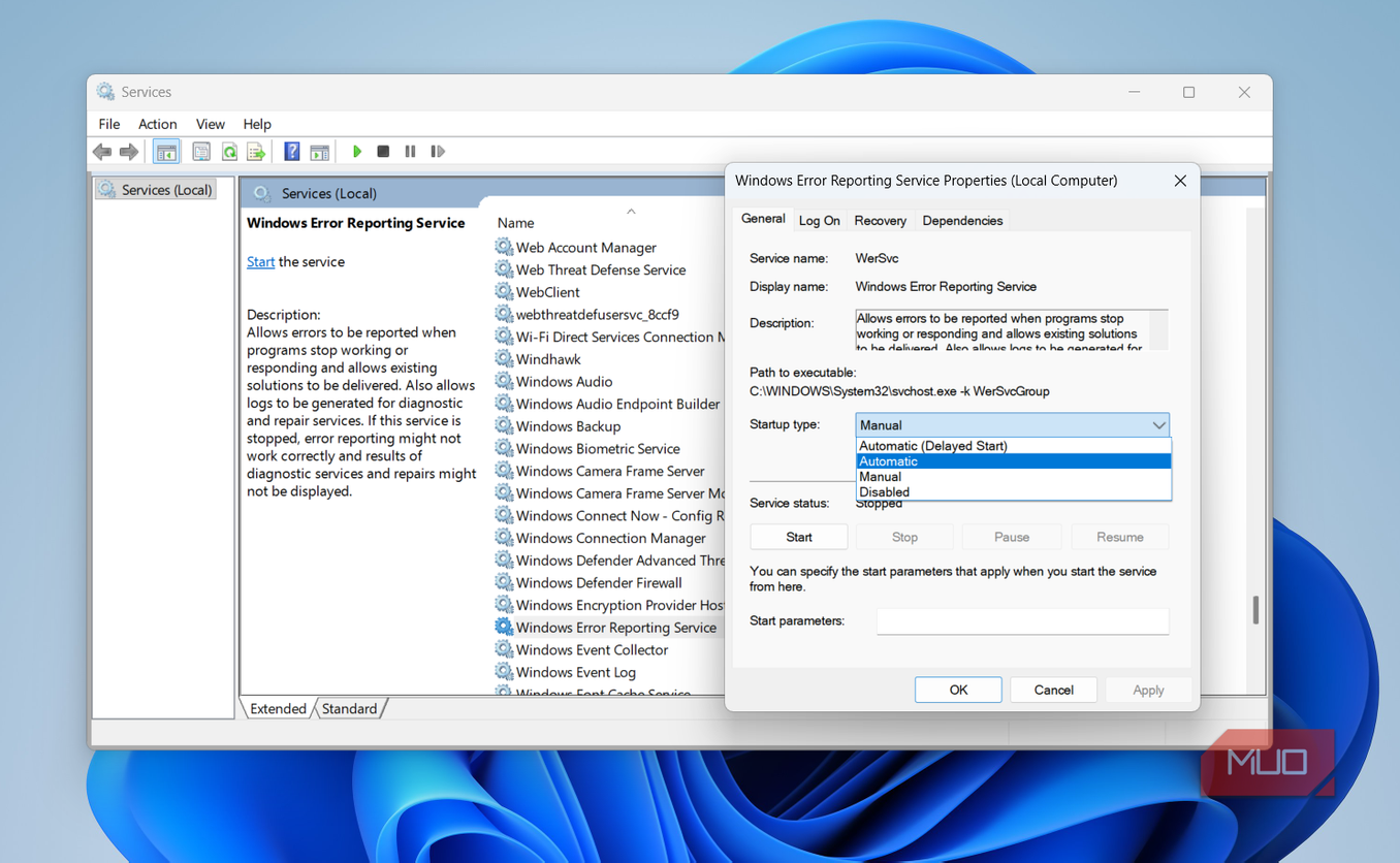 Error Reporting service properties on Windows