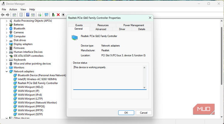 Ethernet adapter device status