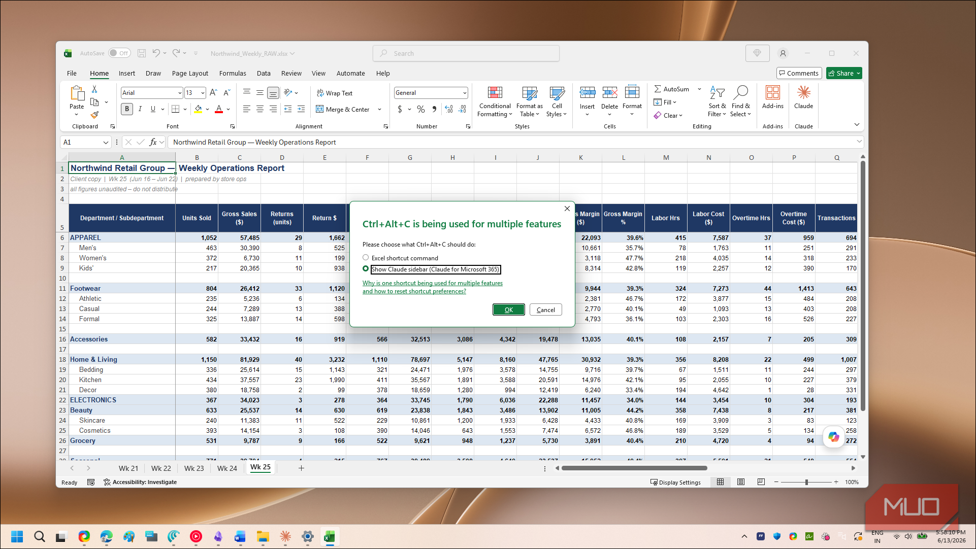 Excel Ctrl Alt C shortcut conflict dialog