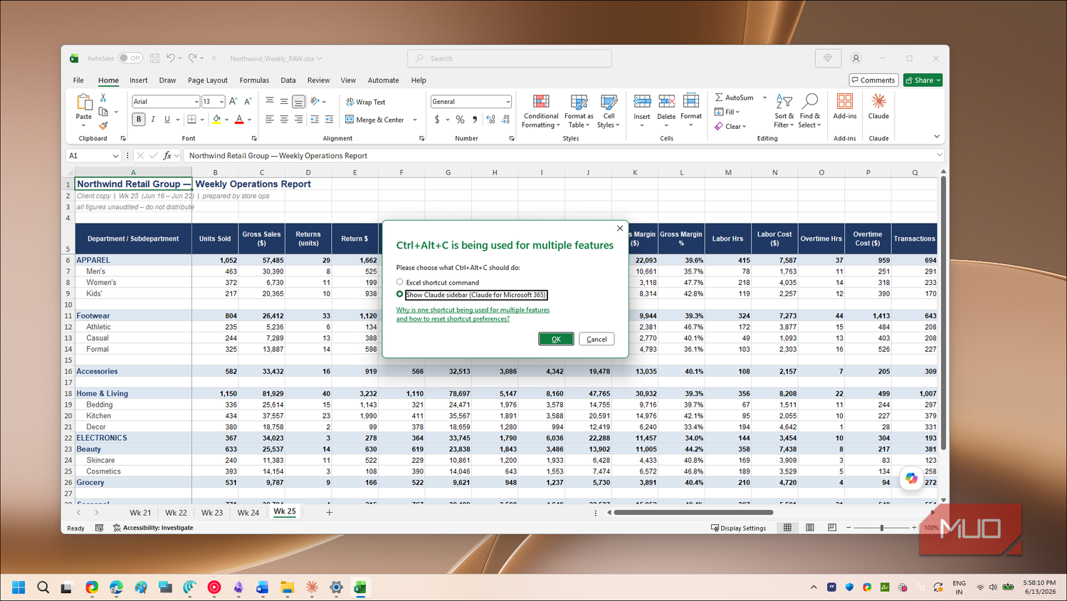 Excel Ctrl Alt C shortcut conflict dialog