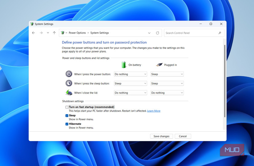 Fast startup option in Control Panel window