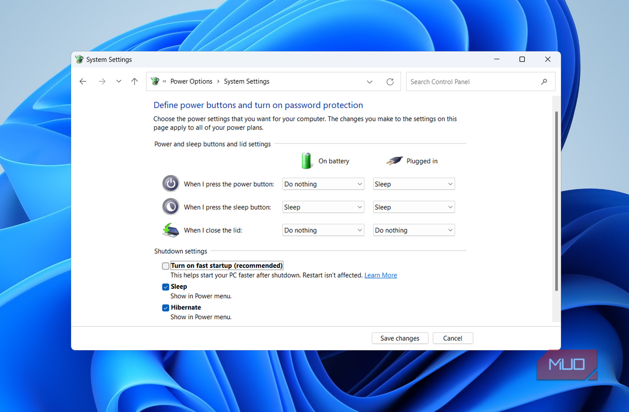 Fast startup option in Control Panel window