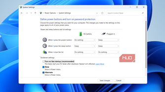 Fast startup option in Control Panel window