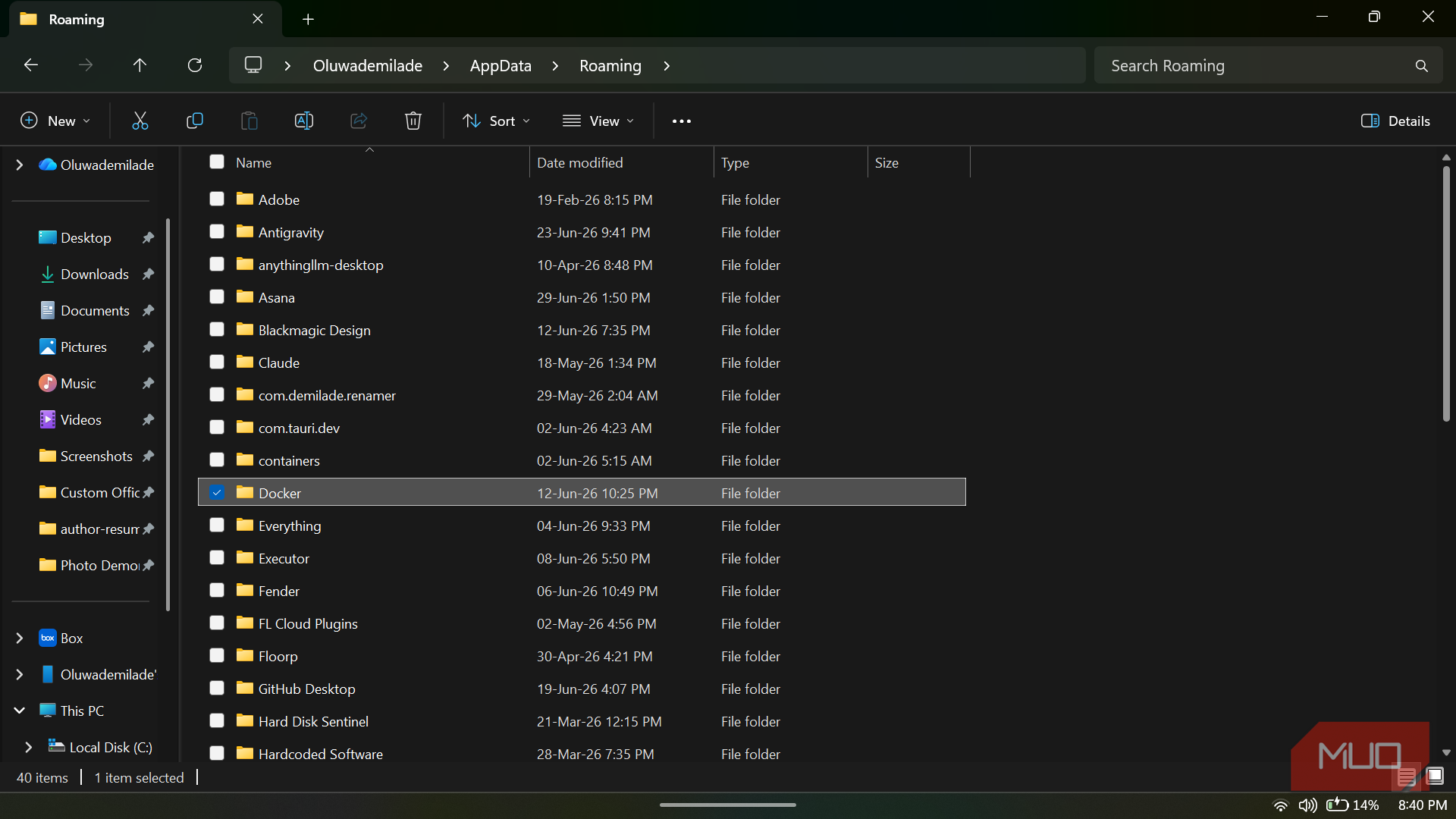 File explorer roaming folder contents