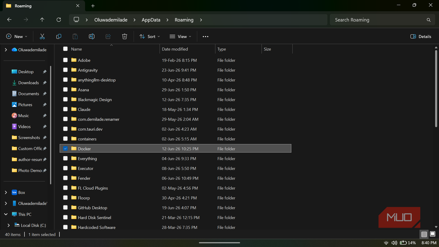 File explorer roaming folder contents