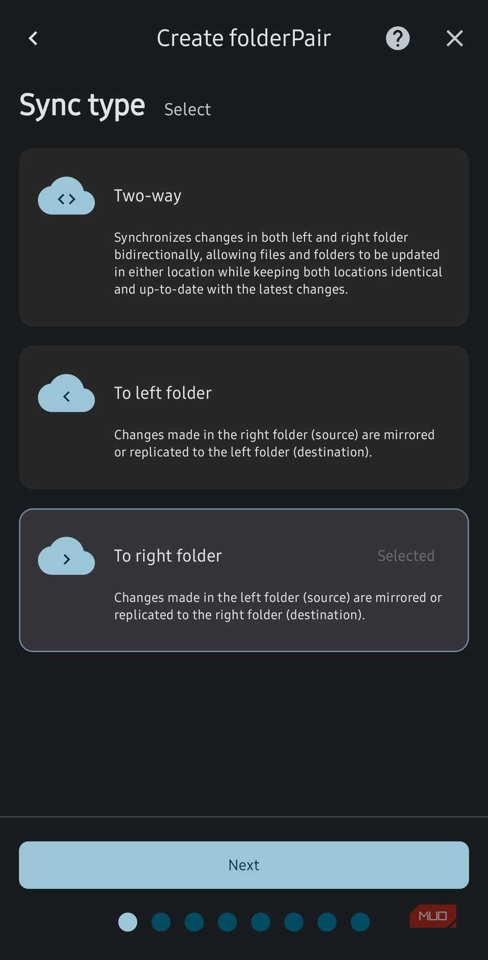FolderSync mobile app type of sync direction settings
