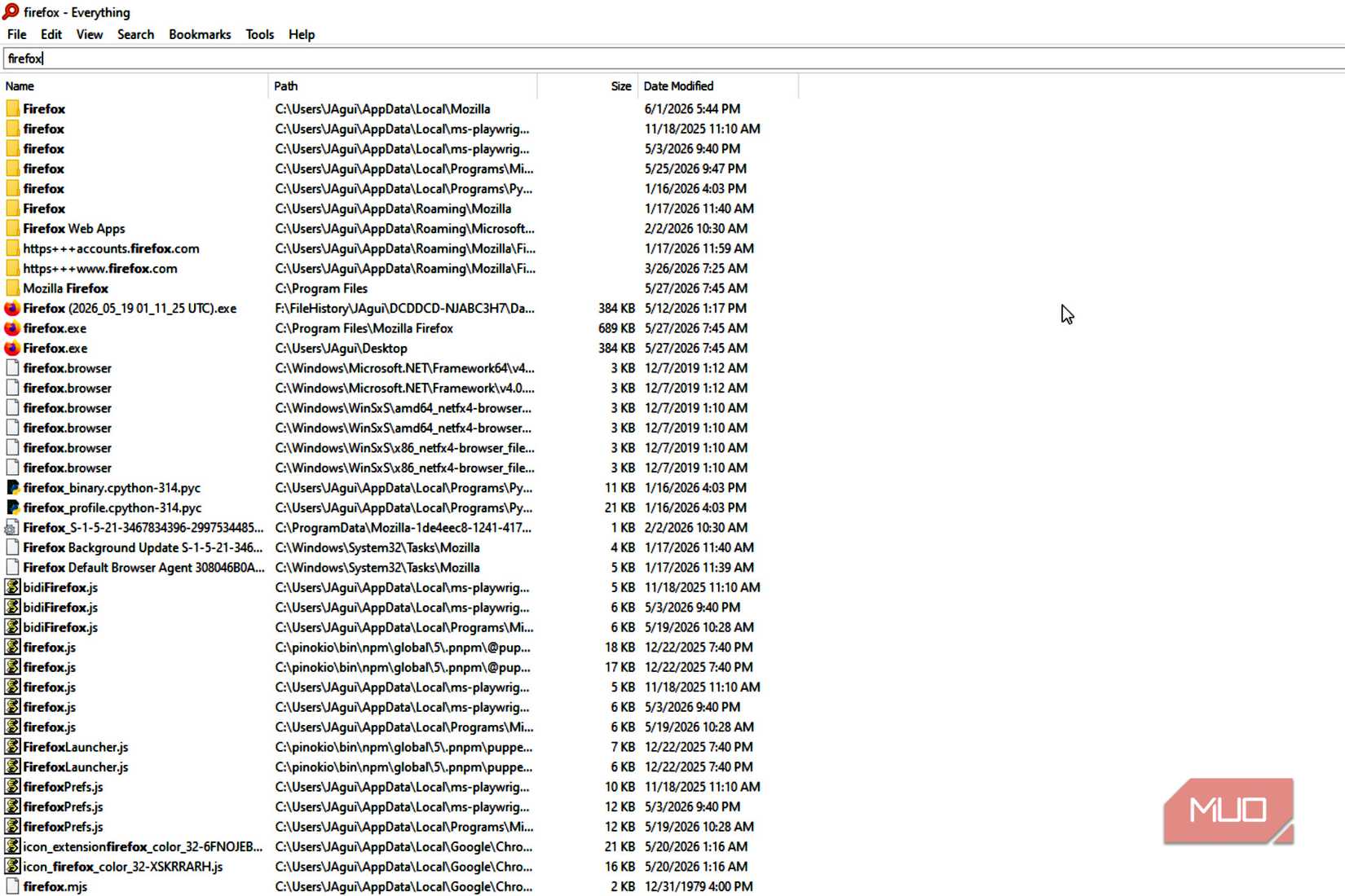 Everything search being used to see files under Firefox name.