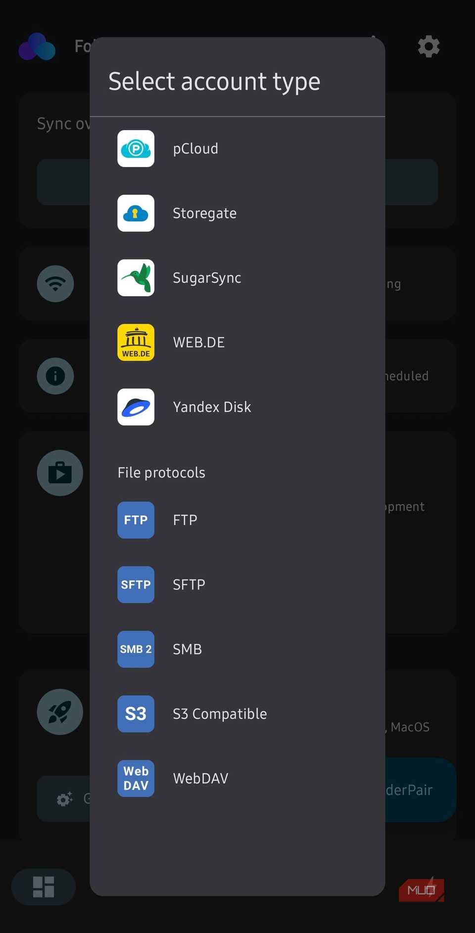 FolderSync mobile app select backup destination and account