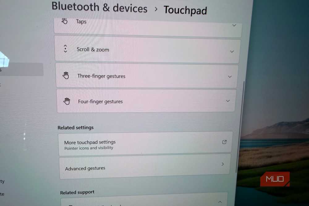 The touchpad settings panel lets you customize gesture actions