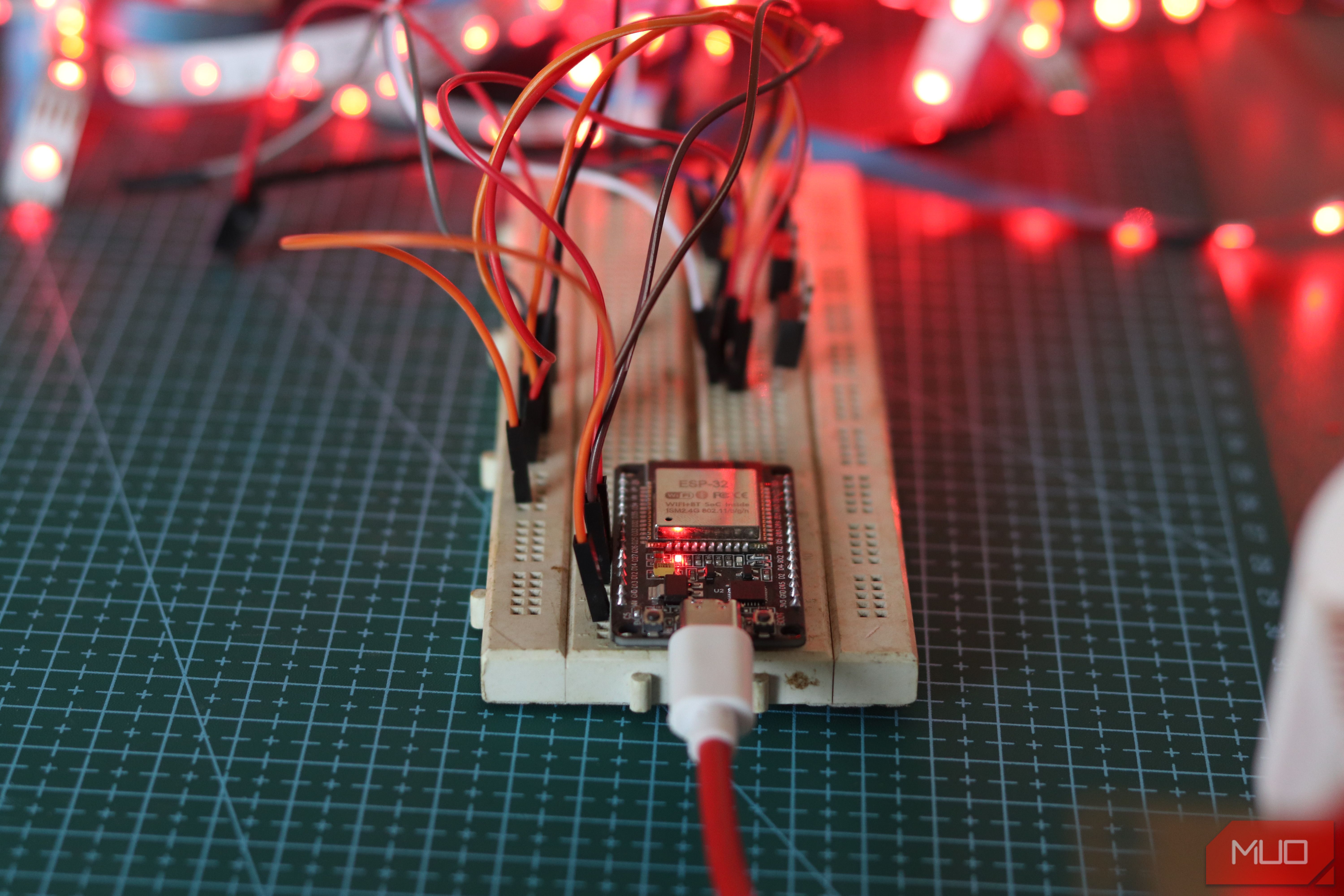 Front view of ESP32 controlling RGB strips.