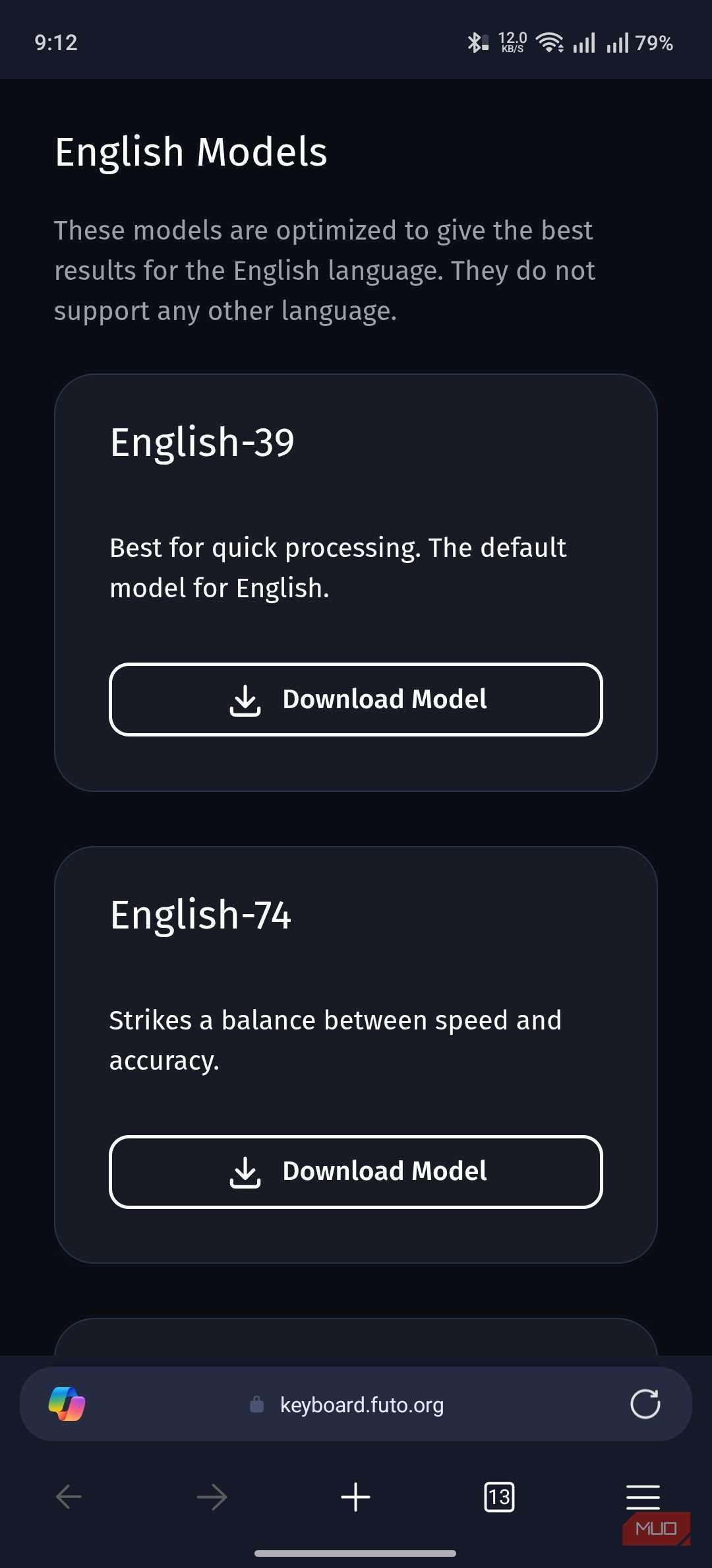 language model options on FUTO keyboard