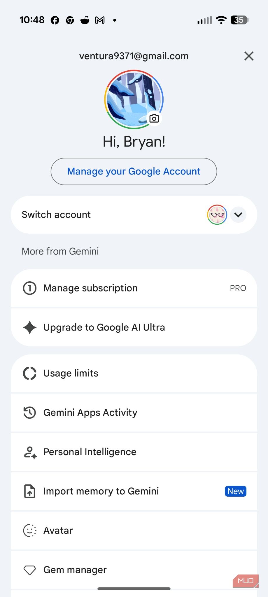 Screenshot Gemini settings on Android. 
