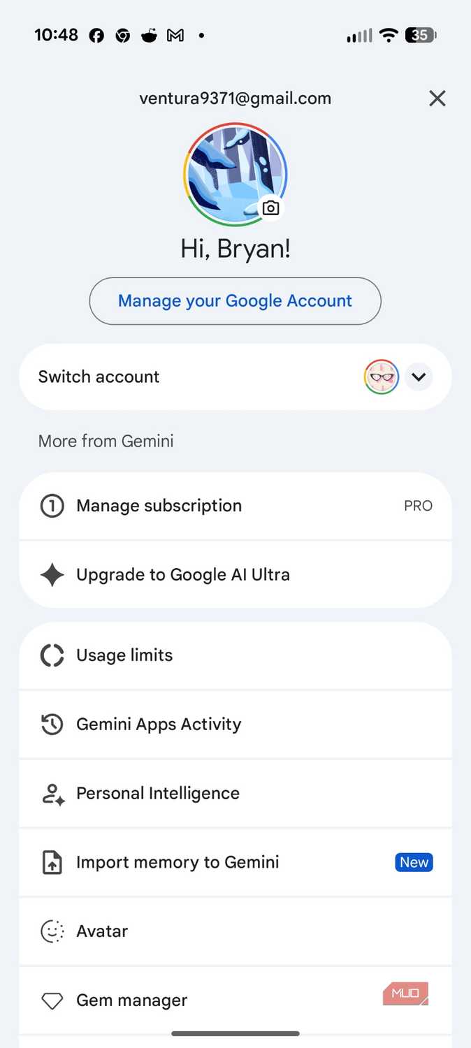 Screenshot Gemini settings on Android.