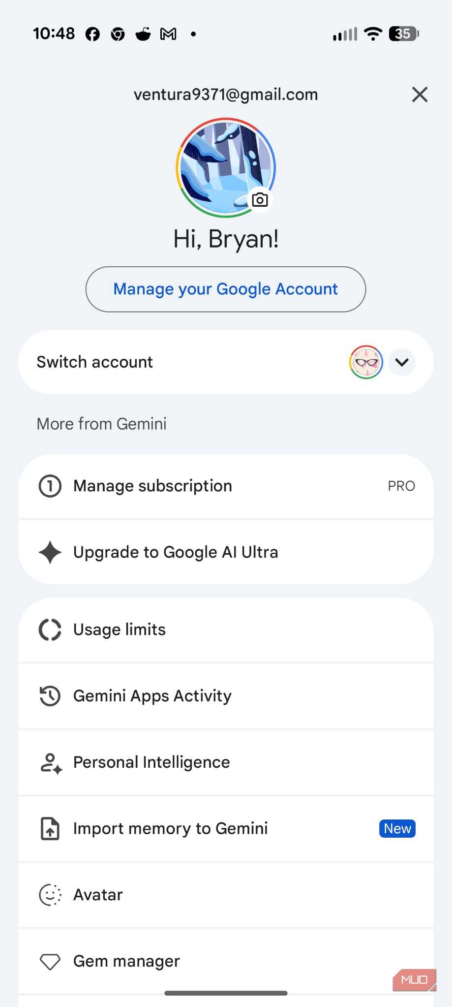 Screenshot Gemini settings on Android.