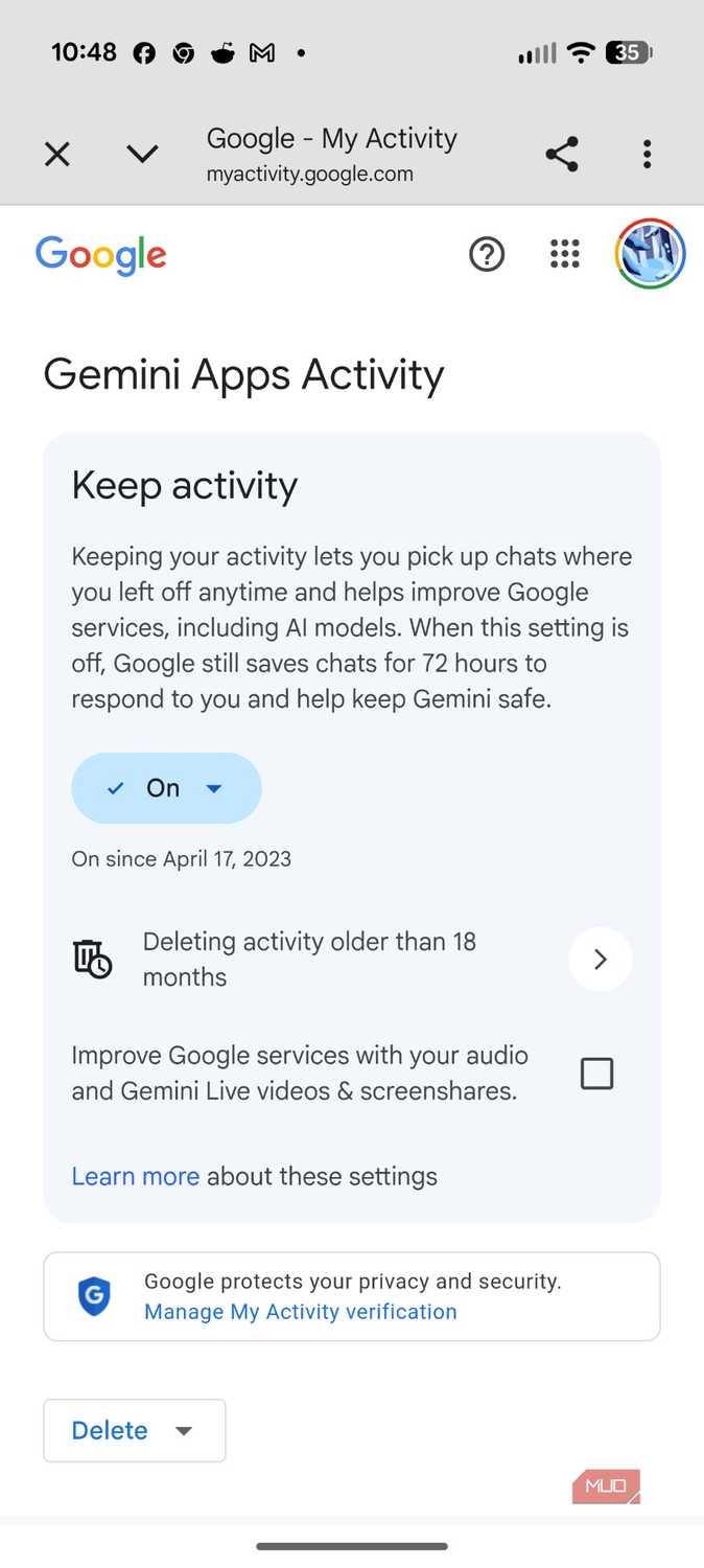 Screenshot Gemini settings on Android.