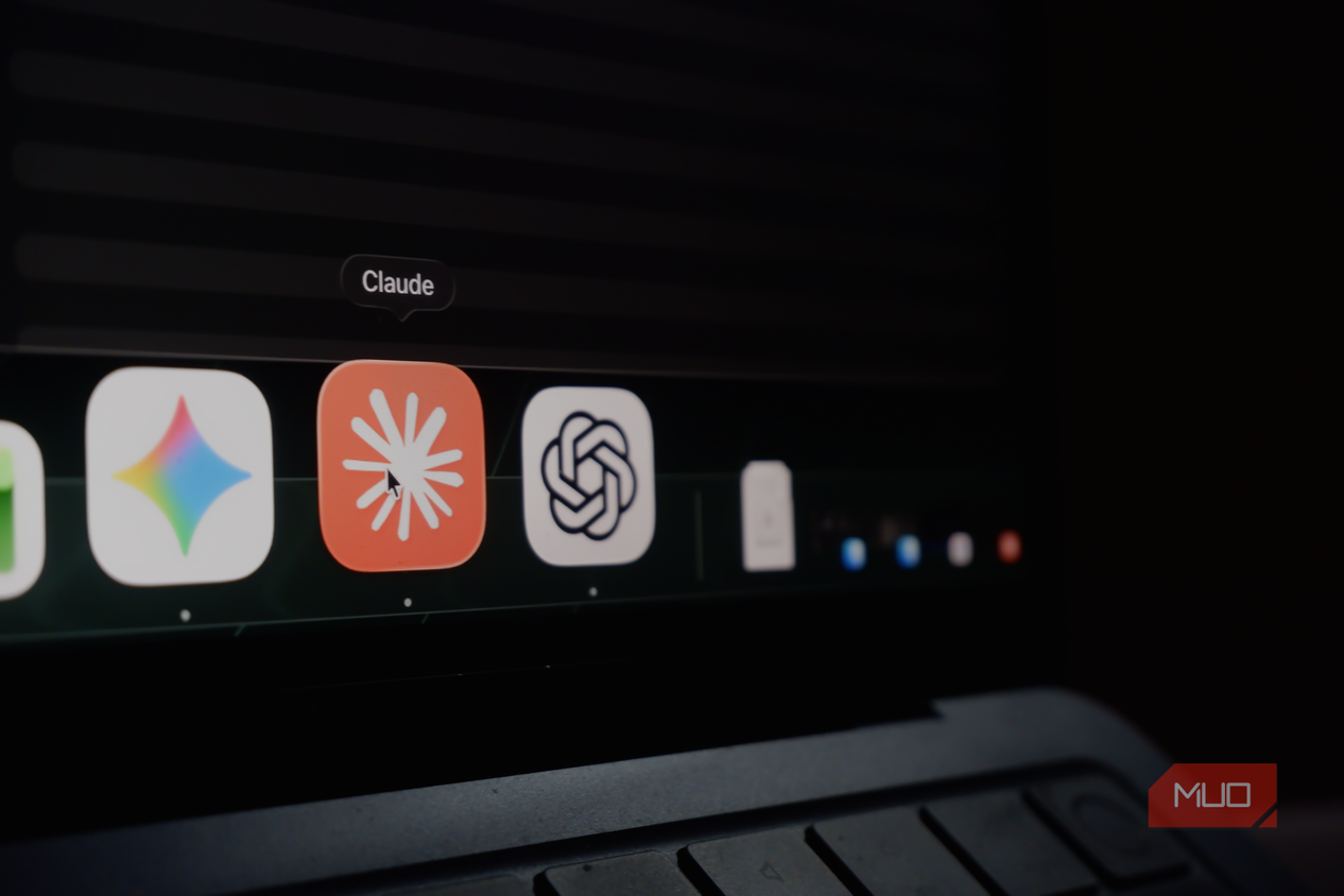 a MacBook Air dock displaying icons of Google Gemini, Claude, and ChatGPT