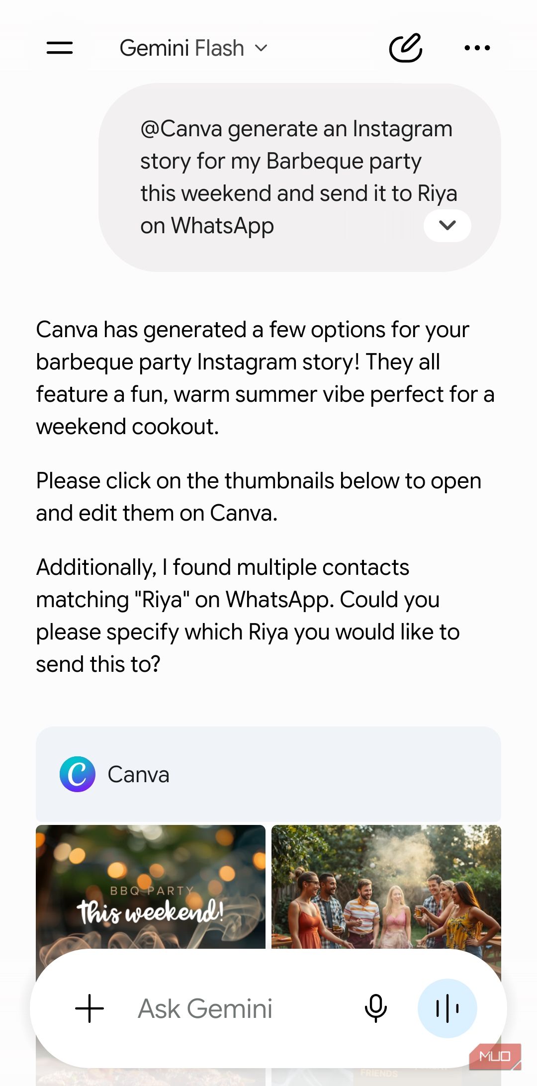 Gemini connecting to Canva app on Android