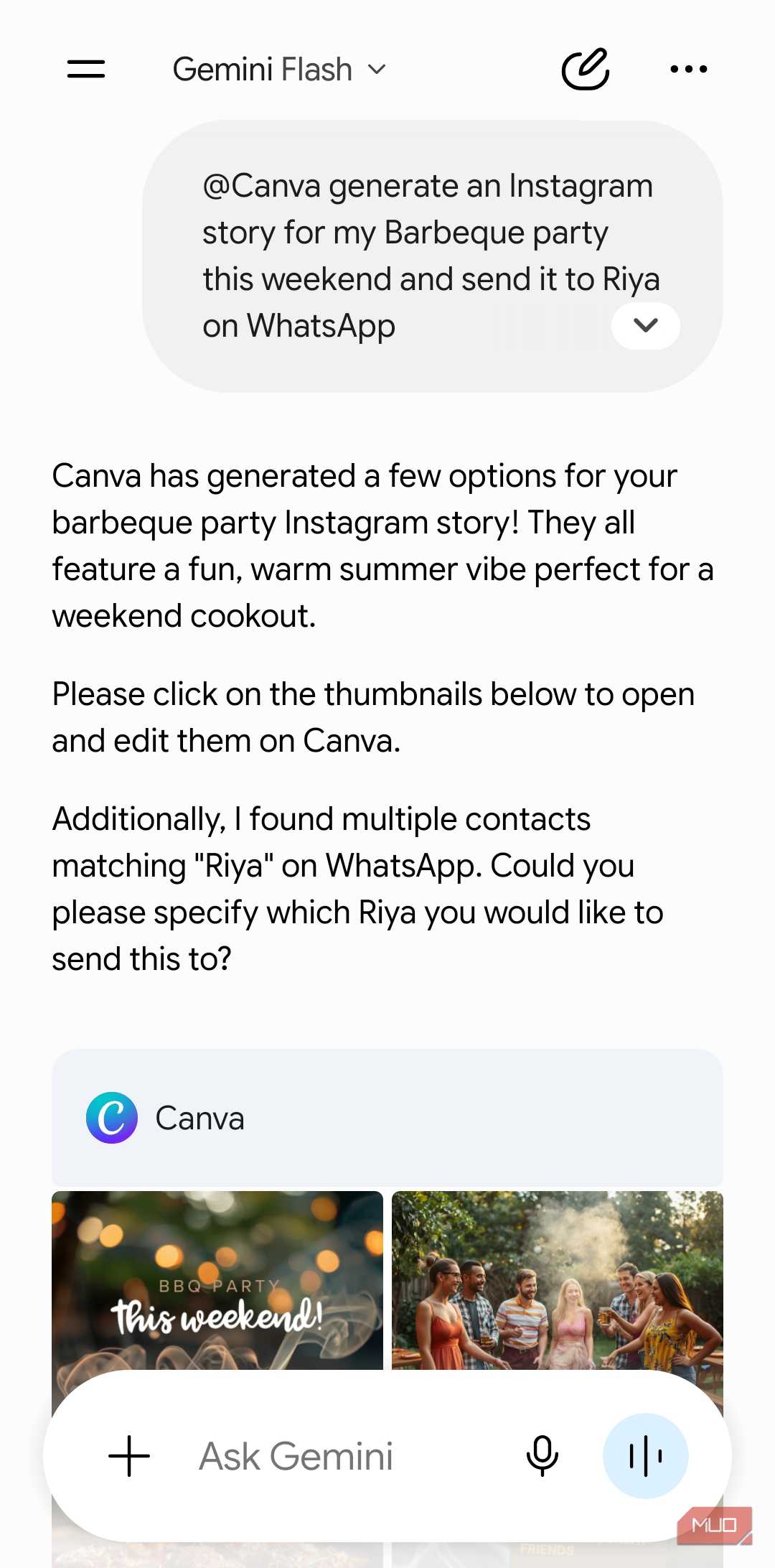 Gemini connecting to Canva app on Android