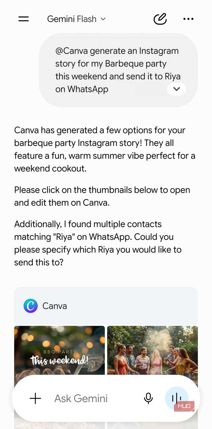 Gemini connecting to Canva app on Android